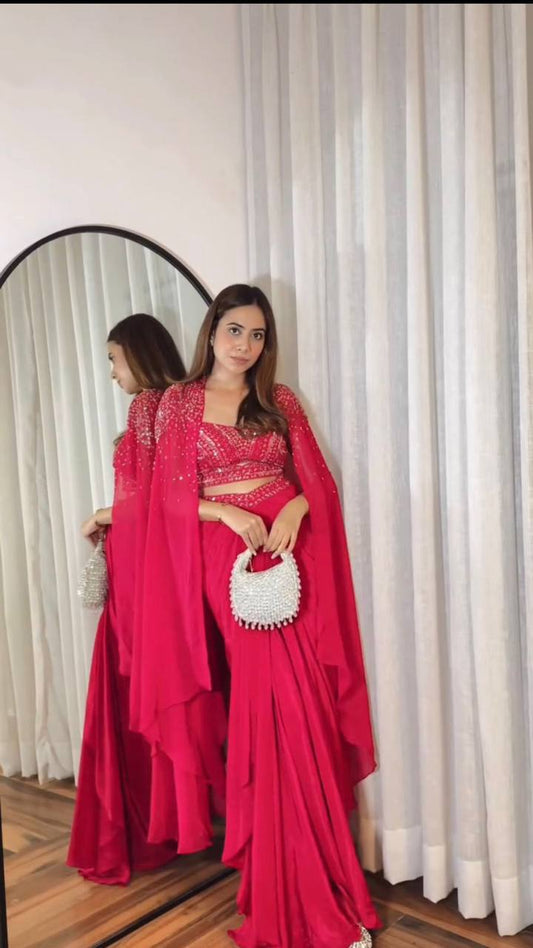 Dreamweaver Silky Lehenga Set with Embellished Cape and Blouse