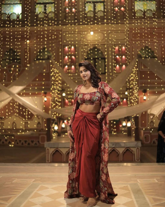 Anjali Red Draped Saree with Floral Jacket
