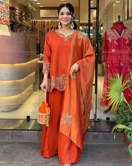 Luxurious Rust Orange Pakistani Suit with Embroidery