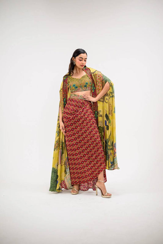 Elegant Printed Cape Set with Embroidered Blouse & Skirt
