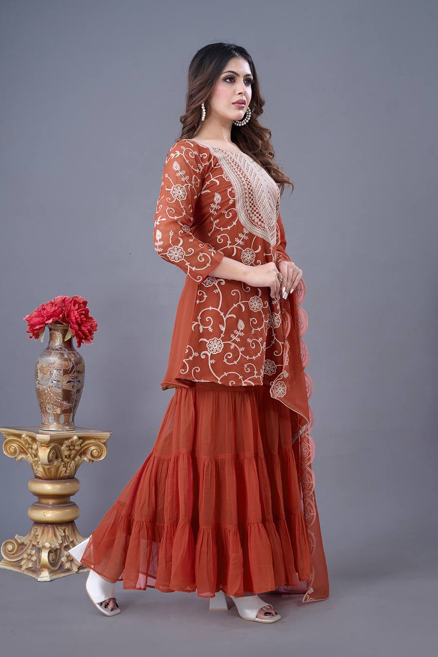 Rust Orange Embroidered Peplum Sharara Set with Dupatta