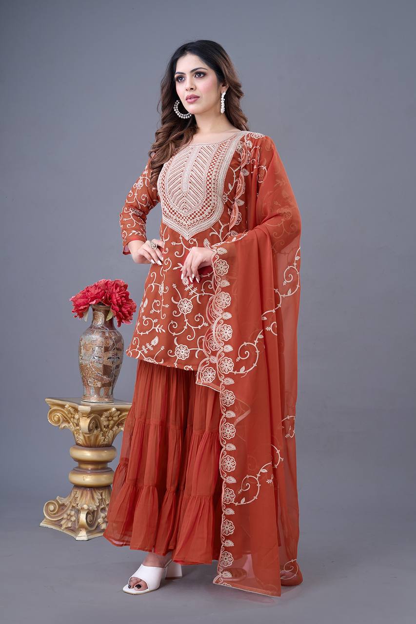 Rust Orange Embroidered Peplum Sharara Set with Dupatta
