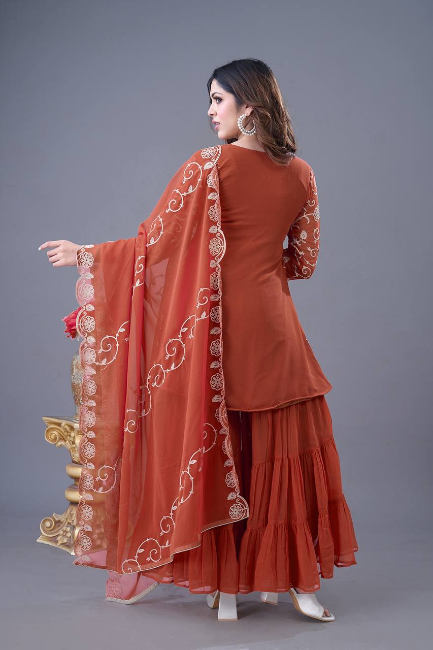 Rust Orange Embroidered Peplum Sharara Set with Dupatta