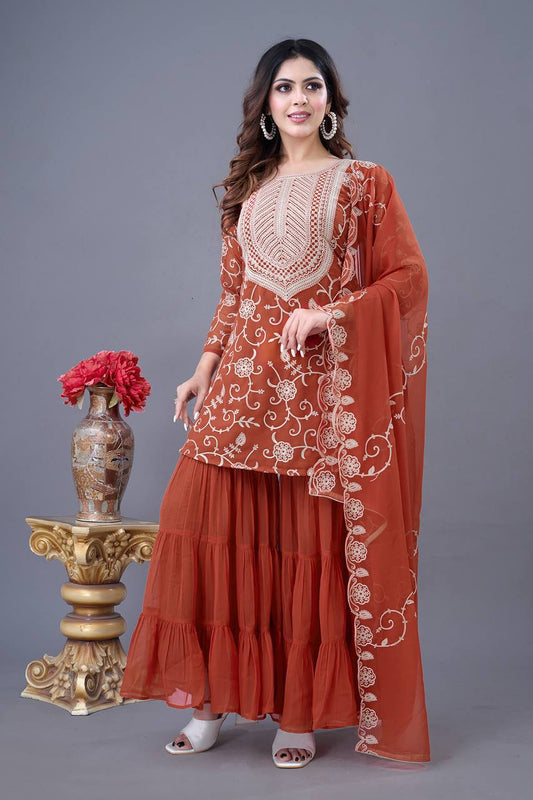 Rust Orange Embroidered Peplum Sharara Set with Dupatta