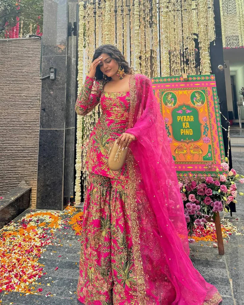 Handcrafted Pink And Gold Embroidered Gharara Set