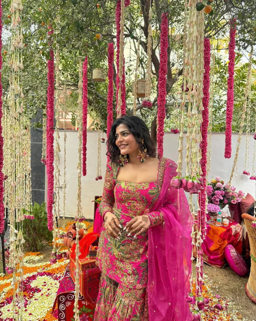 Handcrafted Pink And Gold Embroidered Gharara Set