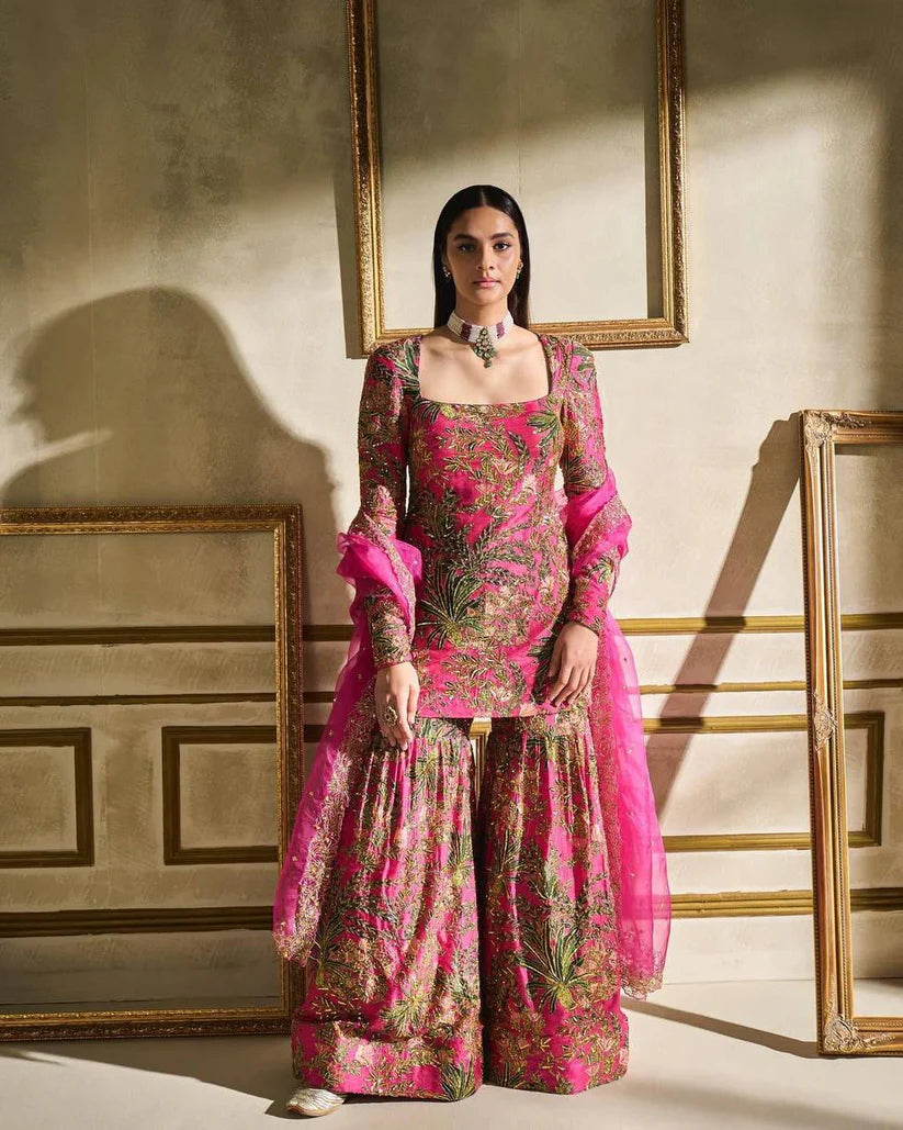 Handcrafted Pink And Gold Embroidered Gharara Set