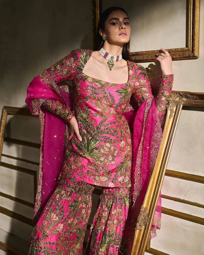 Handcrafted Pink And Gold Embroidered Gharara Set