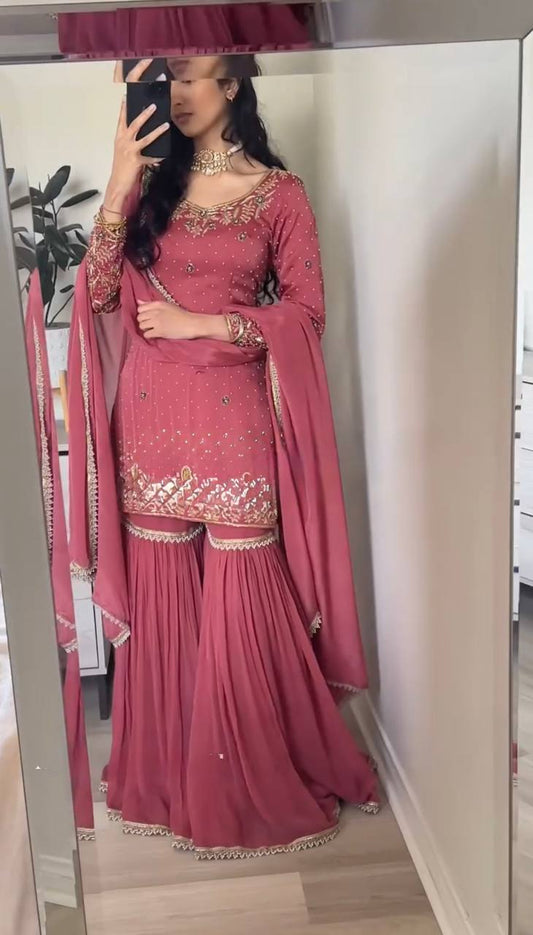 Dusty Pink  Embroidered Sharara Suit
