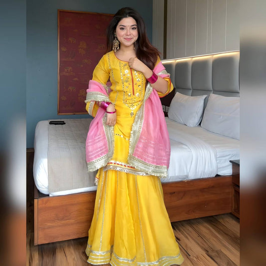 Dastaan Yellow Sharara Suit with Pink Dupatta