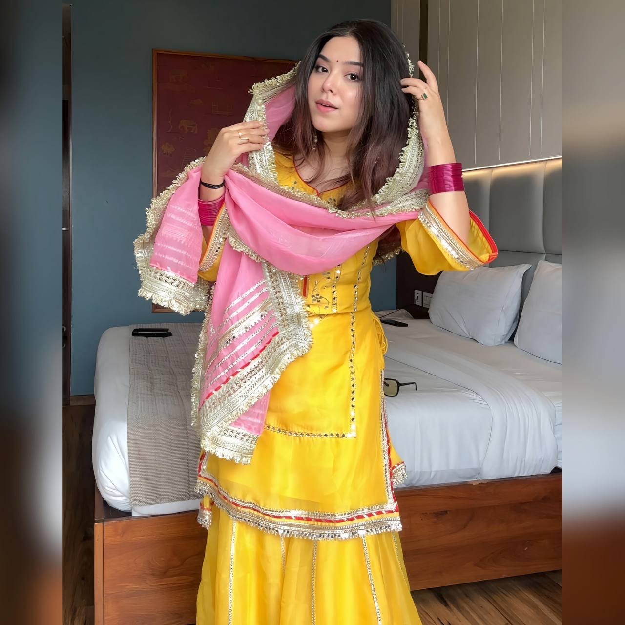 Dastaan Yellow Sharara Suit with Pink Dupatta