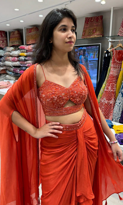 Fiery Orange Designer 3 piece Indo western long dress, coat ,crop top, skirt