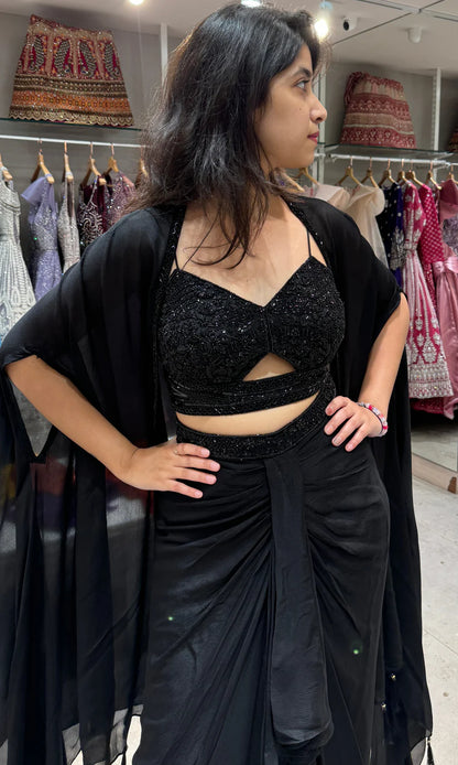 Glamorous Rust Black Designer 3 piece Indo western long dress, coat ,crop top, skirt