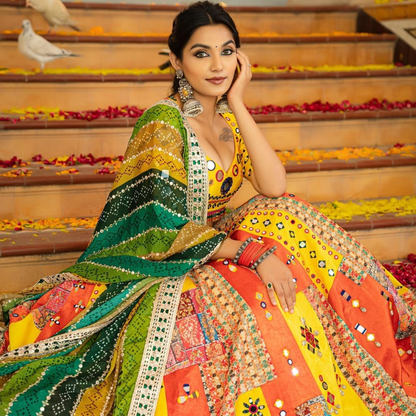YELLOW SILK LENGHA CHOLI WITH REAL MIRROR WORK AND ATTACHED YELLOW DUPATTA  SF-1336