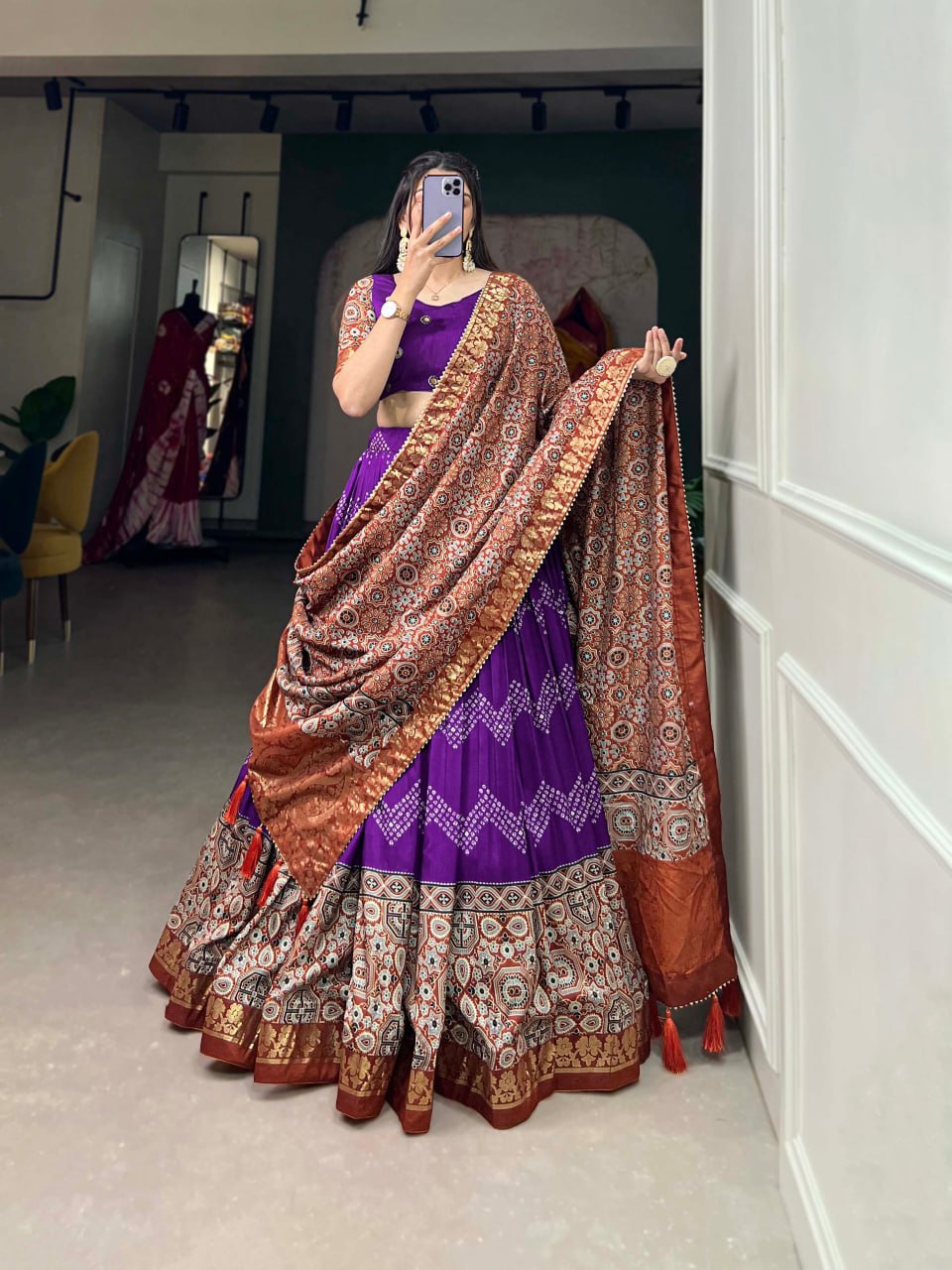 In the embrace of Tusser silk, adorned with Ajarakh prints, the lehenga choli becomes not just a garment, but a reflection of tradition, grace, and beauty💙 KNK-1475