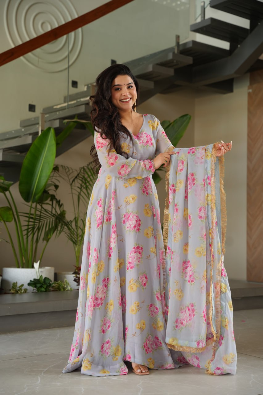 Charli  Rich Flower Digital Print work Designer Gown