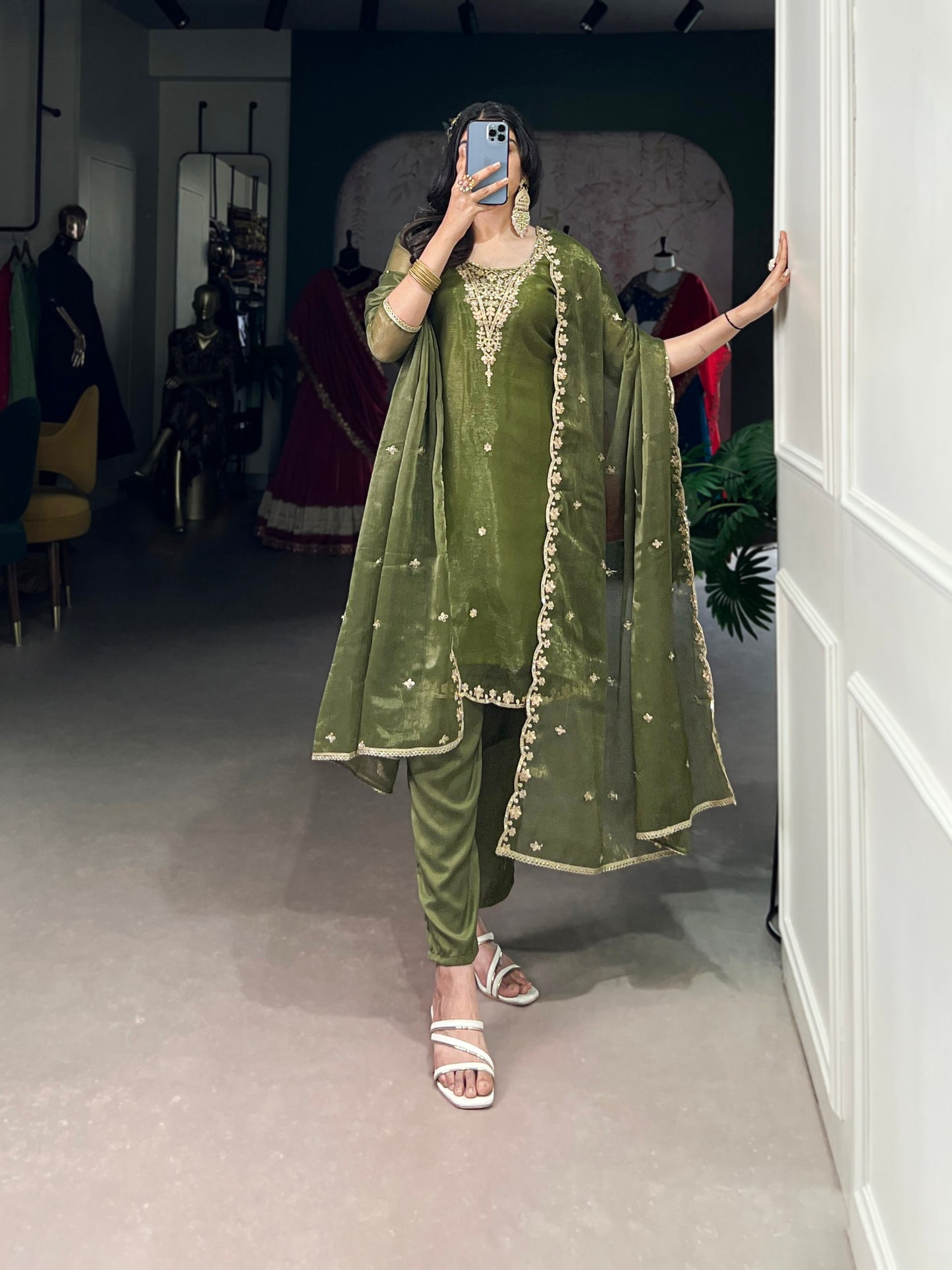 Aleeza Olive Sheer Charm Ethnic Wear Suit Set