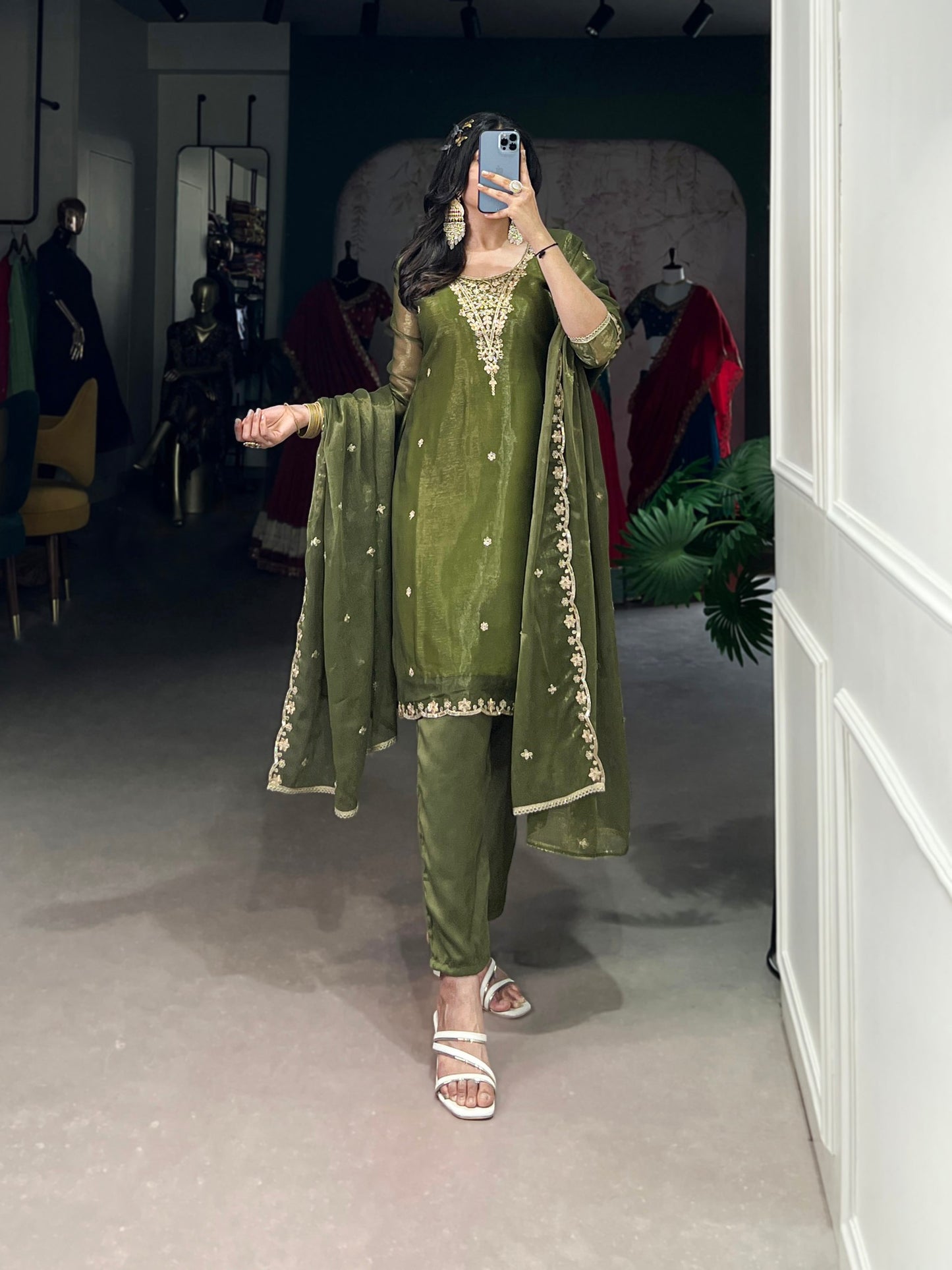 Aleeza Olive Sheer Charm Ethnic Wear Suit Set