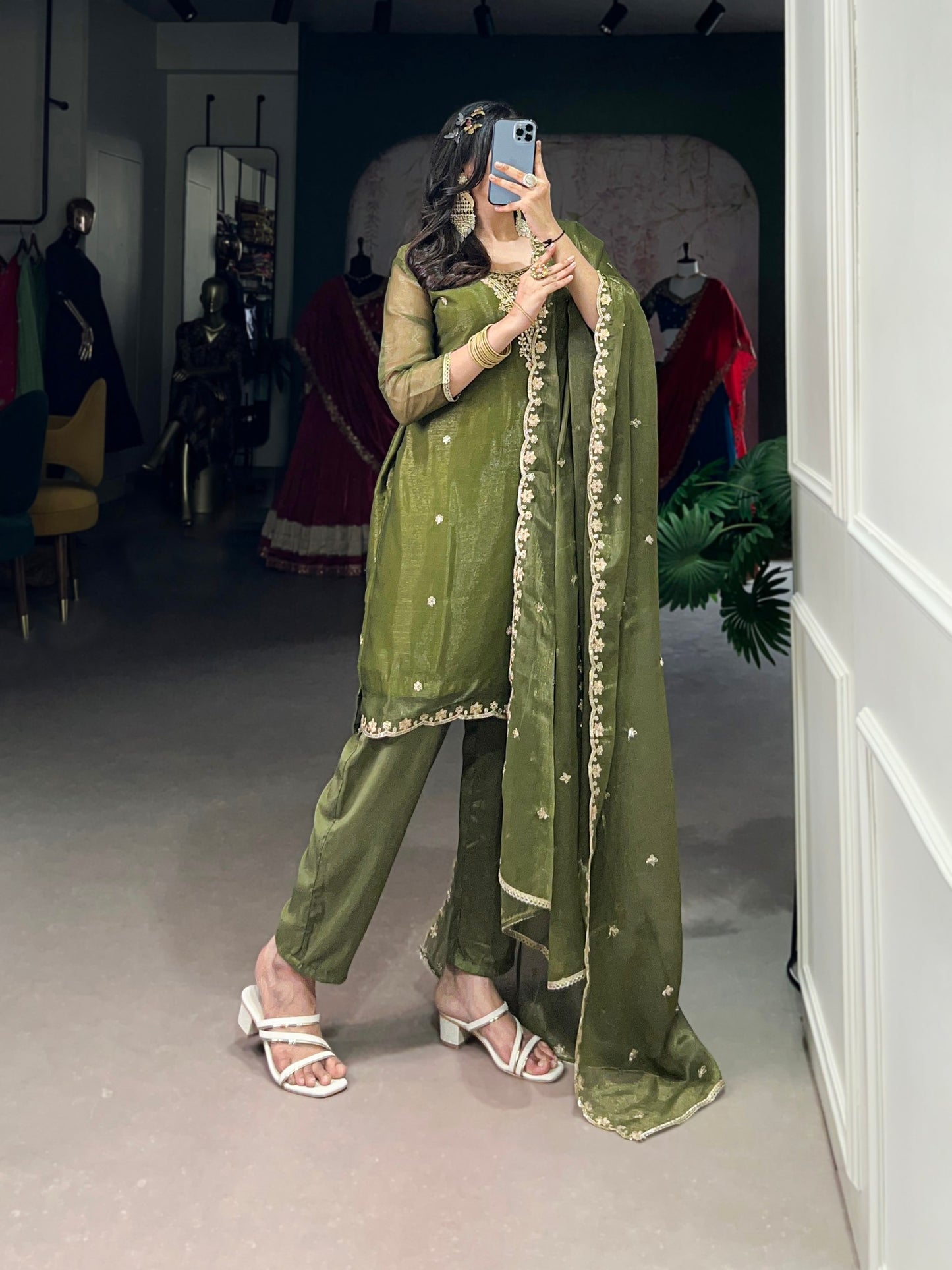 Aleeza Olive Sheer Charm Ethnic Wear Suit Set