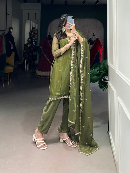 Aleeza Olive Sheer Charm Ethnic Wear Suit Set