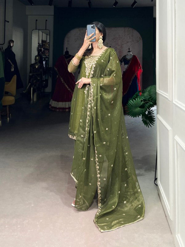 Aleeza Olive Sheer Charm Ethnic Wear Suit Set