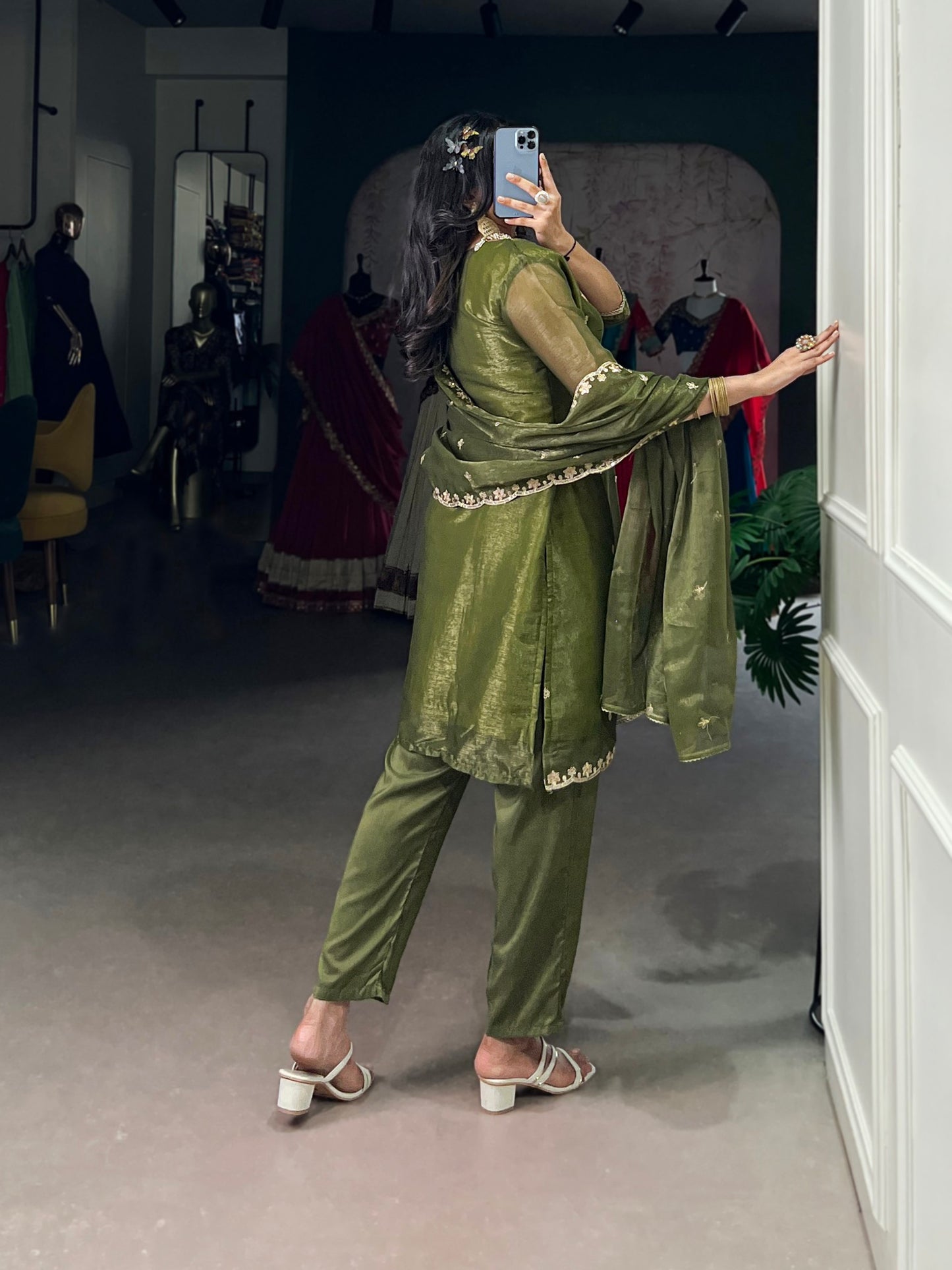 Aleeza Olive Sheer Charm Ethnic Wear Suit Set