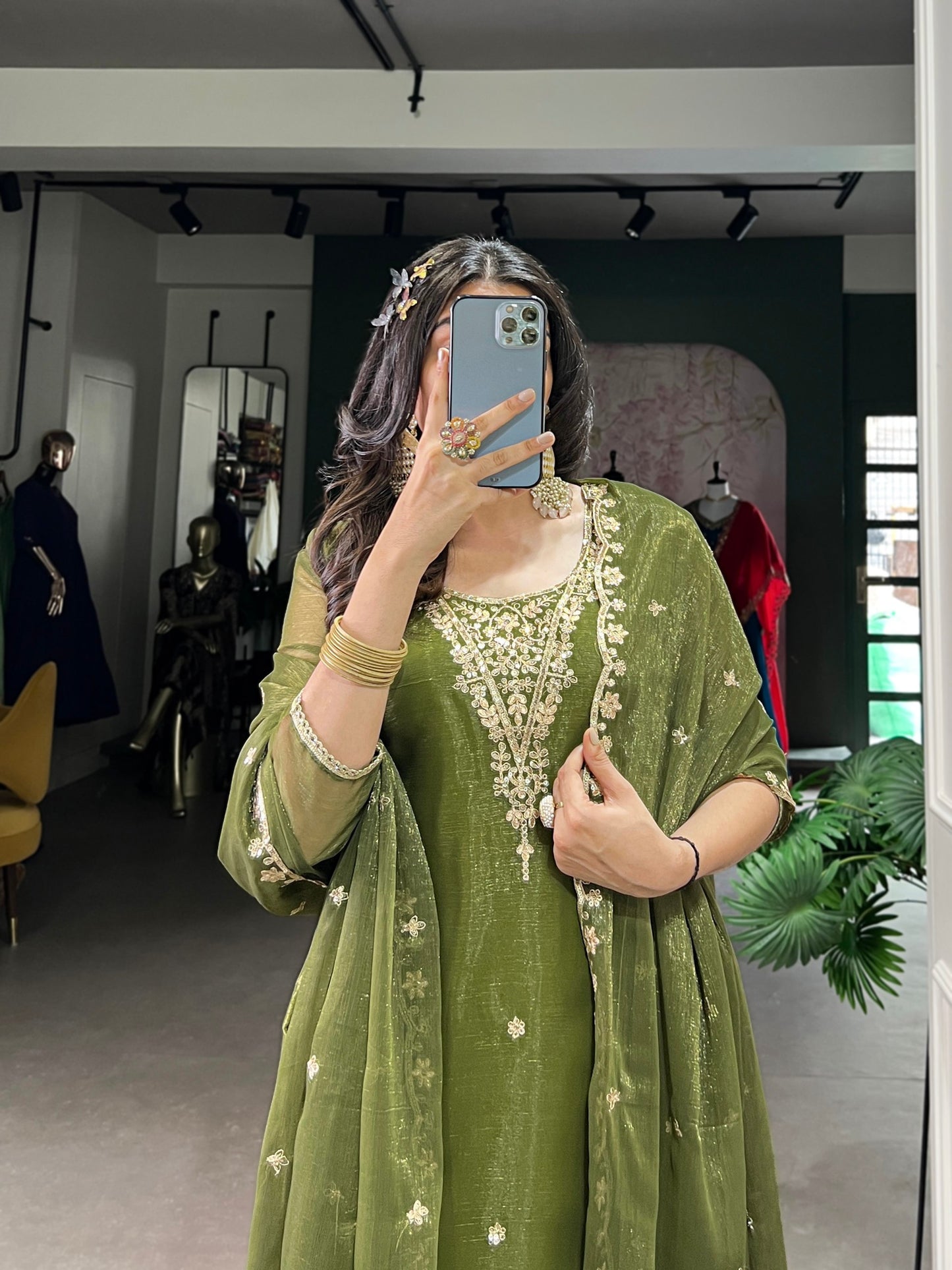 Aleeza Olive Sheer Charm Ethnic Wear Suit Set
