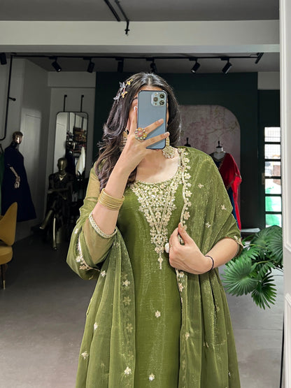 Aleeza Olive Sheer Charm Ethnic Wear Suit Set