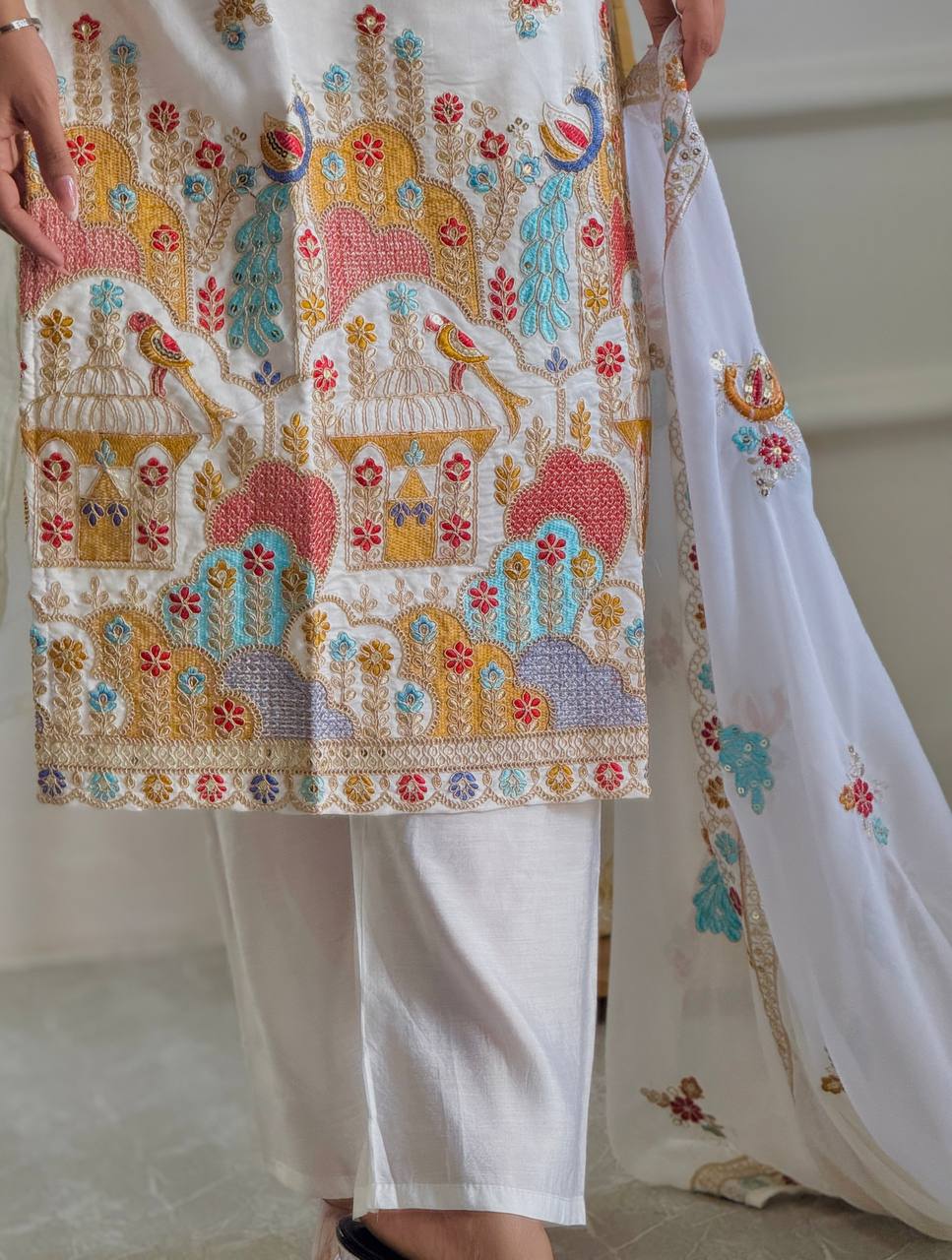 Whisper White Roman Silk With Havy Embroidery Dress