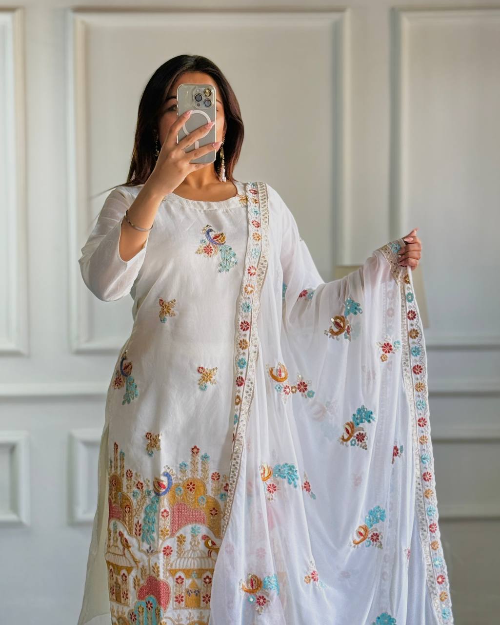 Whisper White Roman Silk With Havy Embroidery Dress