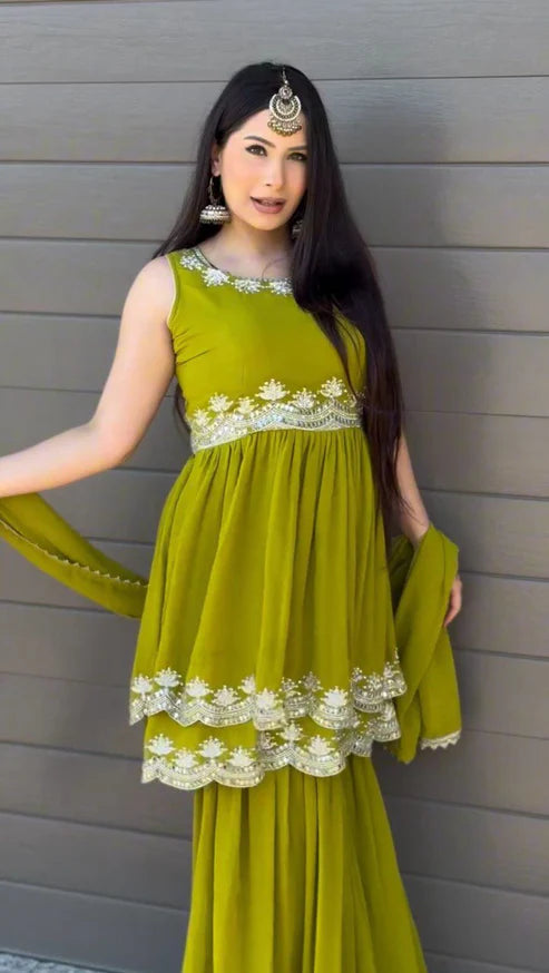 Tropical Green  Foux Gorgette Sharara Set