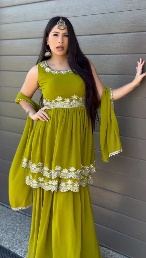 Tropical Green  Foux Gorgette Sharara Set