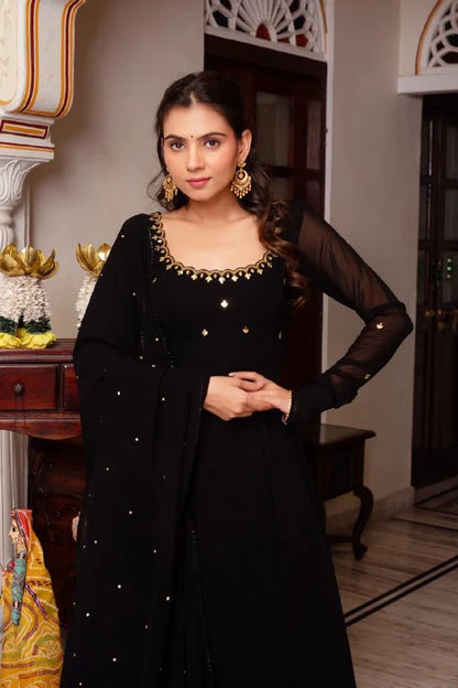 Kaelani Black : Foux Gorgette Anarkali Suit