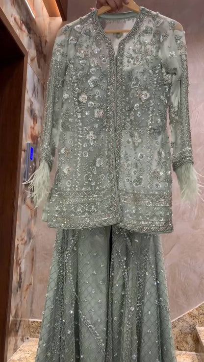 Diamond Designer Feather-Sleeve Embellished Outfit