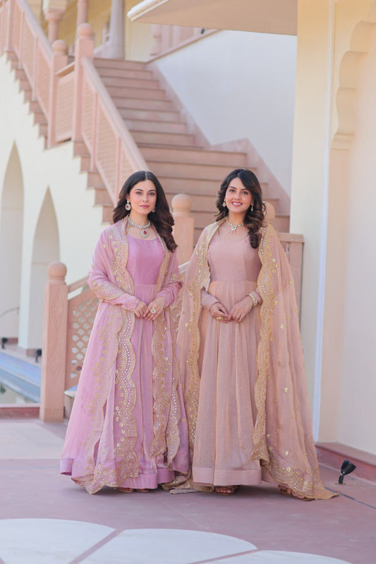 Yamika  Fendy Chiffon gown with Sequins-Multi Embroidered Work Dupatta
