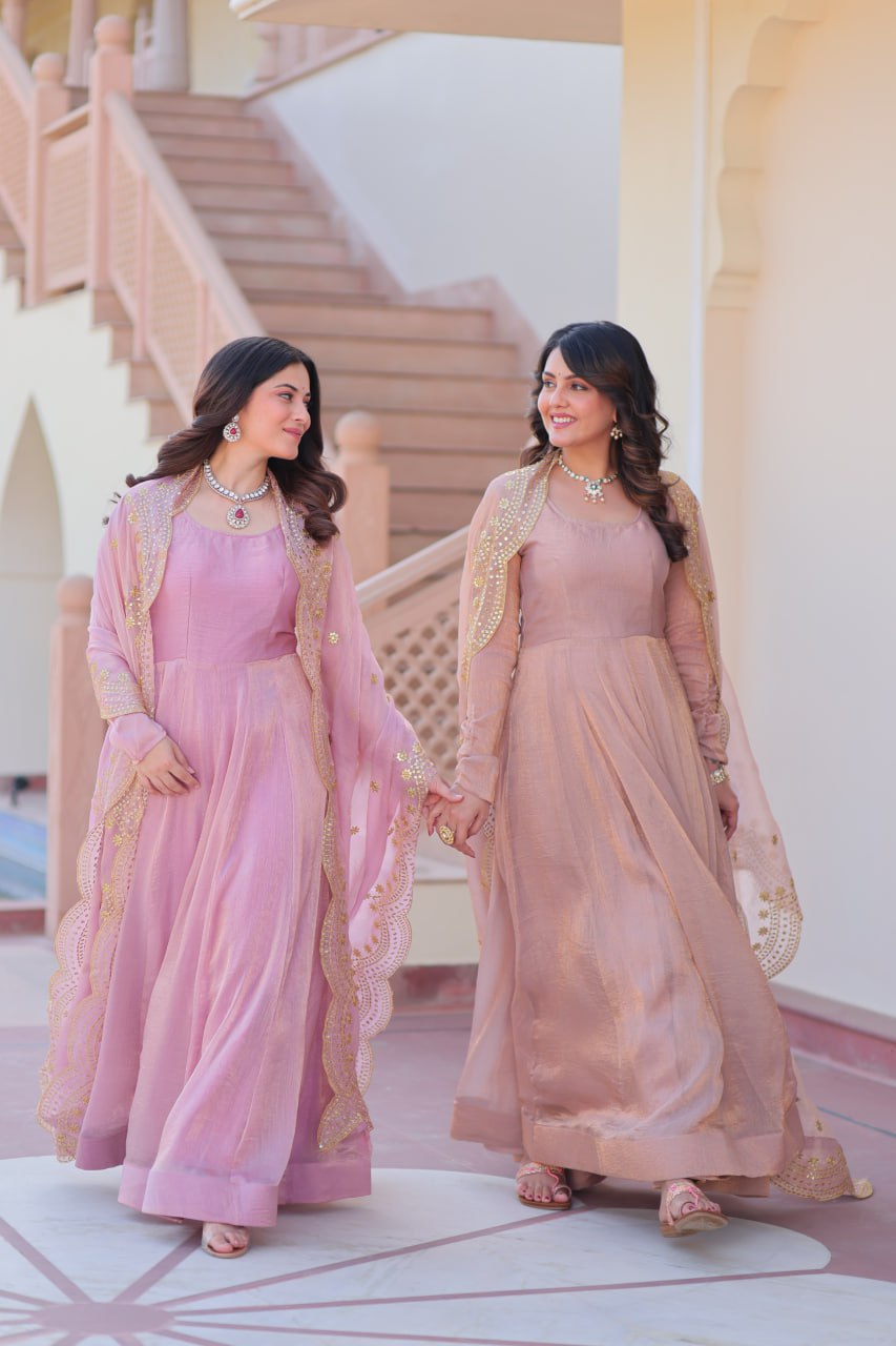 Yamika  Fendy Chiffon gown with Sequins-Multi Embroidered Work Dupatta