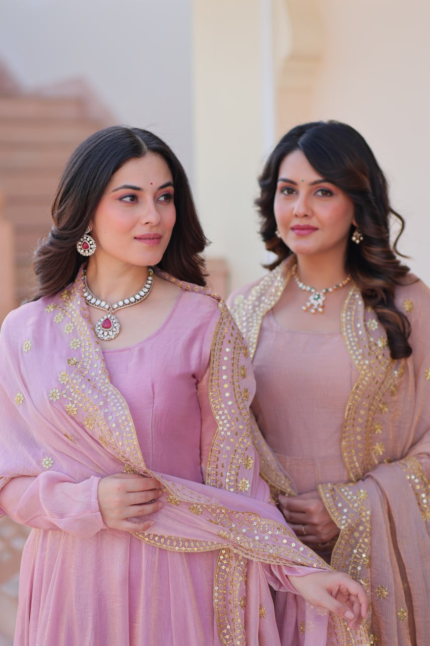 Yamika  Fendy Chiffon gown with Sequins-Multi Embroidered Work Dupatta