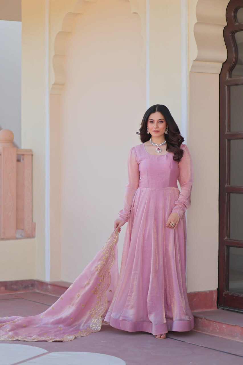 Yamika  Fendy Chiffon gown with Sequins-Multi Embroidered Work Dupatta