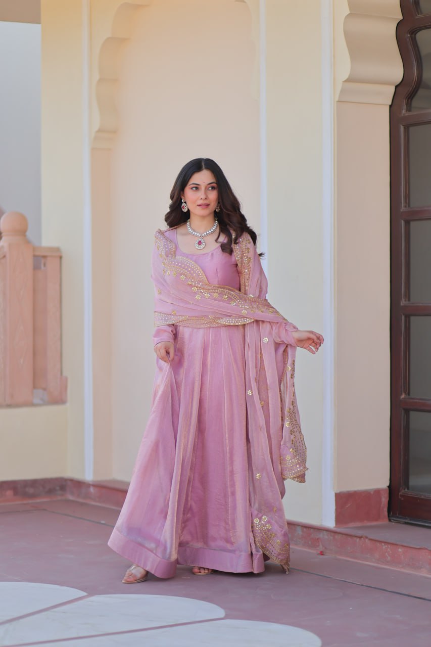 Yamika  Fendy Chiffon gown with Sequins-Multi Embroidered Work Dupatta