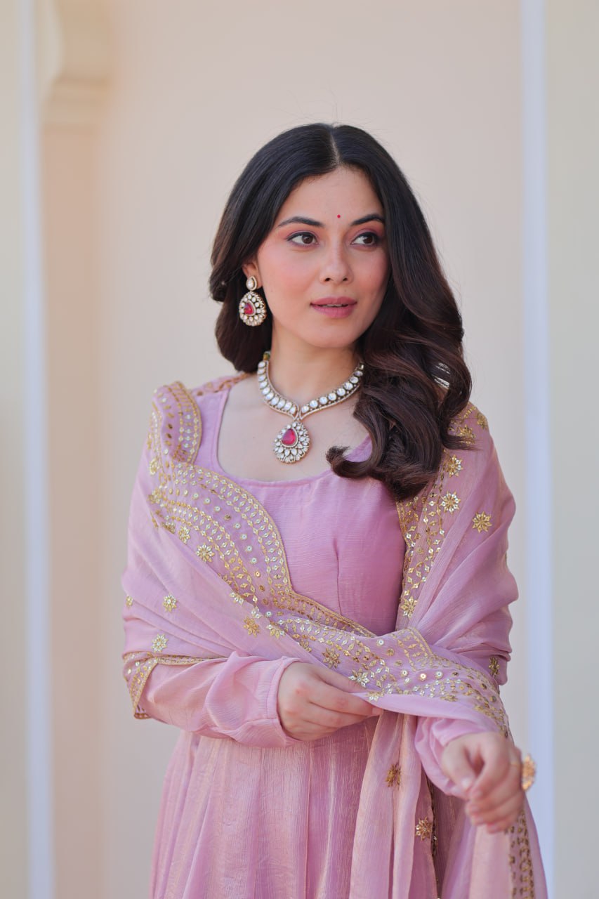 Yamika  Fendy Chiffon gown with Sequins-Multi Embroidered Work Dupatta
