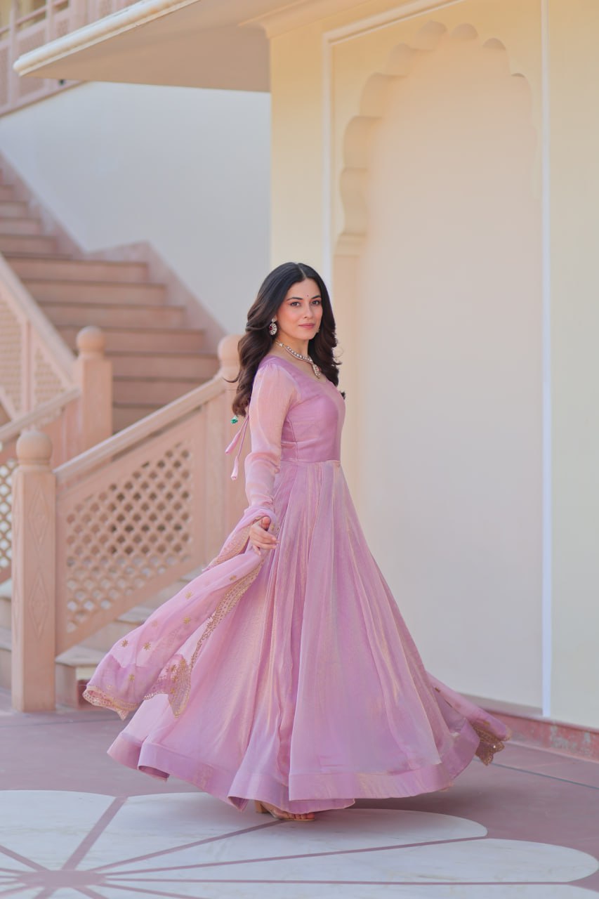 Yamika  Fendy Chiffon gown with Sequins-Multi Embroidered Work Dupatta