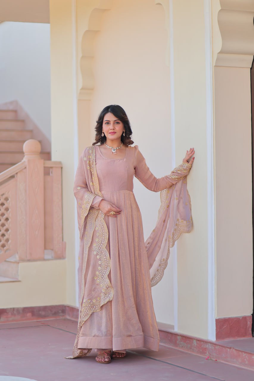 Yamika  Fendy Chiffon gown with Sequins-Multi Embroidered Work Dupatta