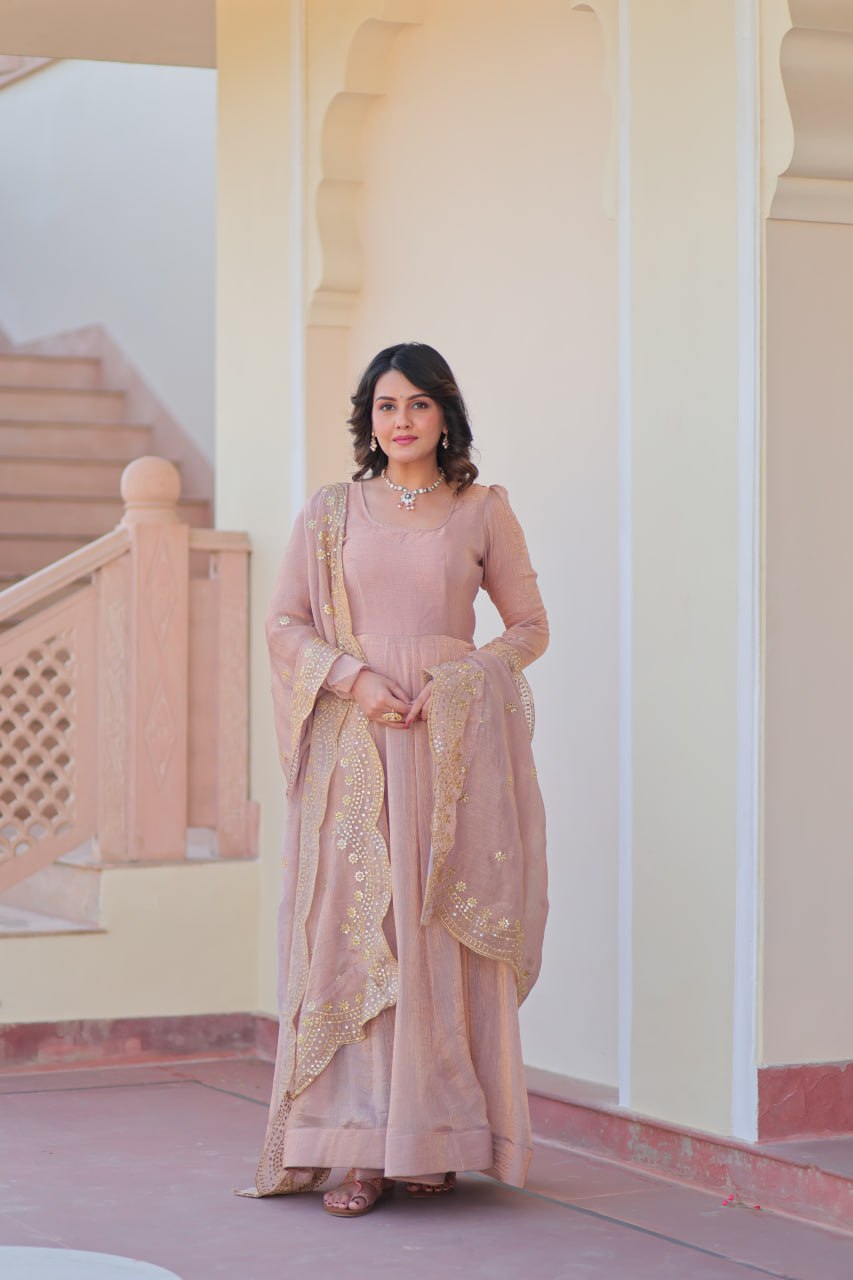 Yamika  Fendy Chiffon gown with Sequins-Multi Embroidered Work Dupatta