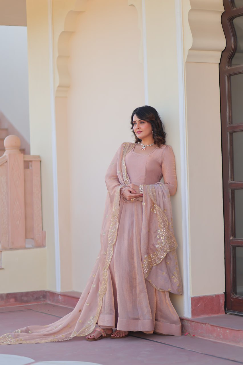 Yamika  Fendy Chiffon gown with Sequins-Multi Embroidered Work Dupatta