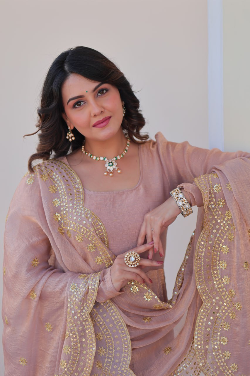 Yamika  Fendy Chiffon gown with Sequins-Multi Embroidered Work Dupatta