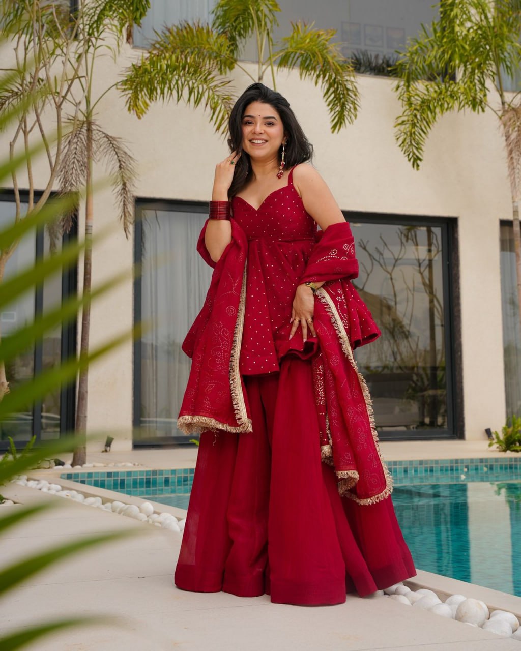 Khanak Maroon  Tabby Organza   Palazzo Suit Set