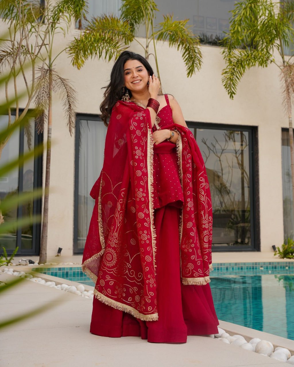 Khanak Maroon  Tabby Organza   Palazzo Suit Set
