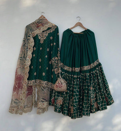Heer Shimmer Emerald Royalty Heavy Full Flair Work Sharara Set