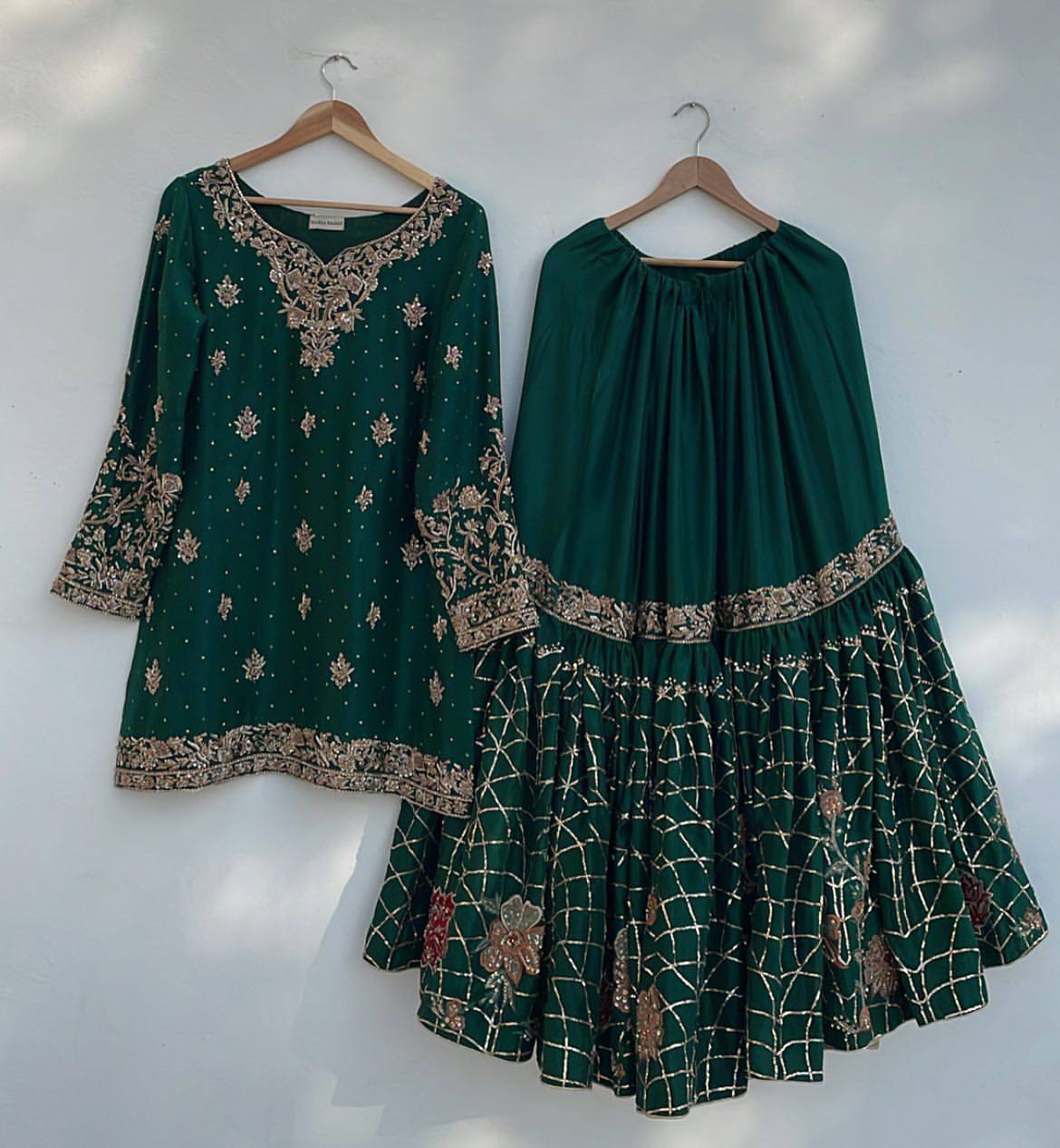 Heer Shimmer Emerald Royalty Heavy Full Flair Work Sharara Set