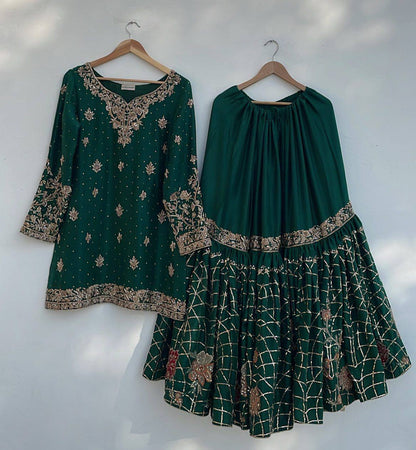 Heer Shimmer Emerald Royalty Heavy Full Flair Work Sharara Set